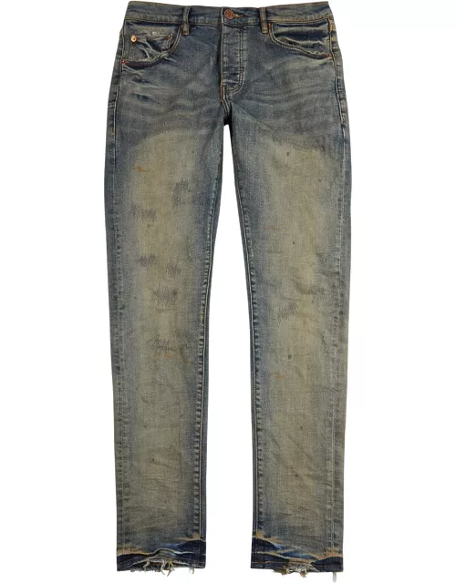 Purple Repair Distressed Slim-leg Jeans - Blue