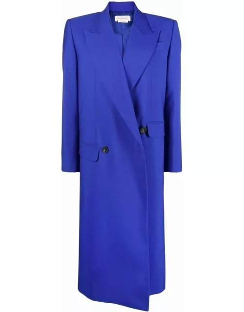 Blue double-breasted asymmetric wool coat