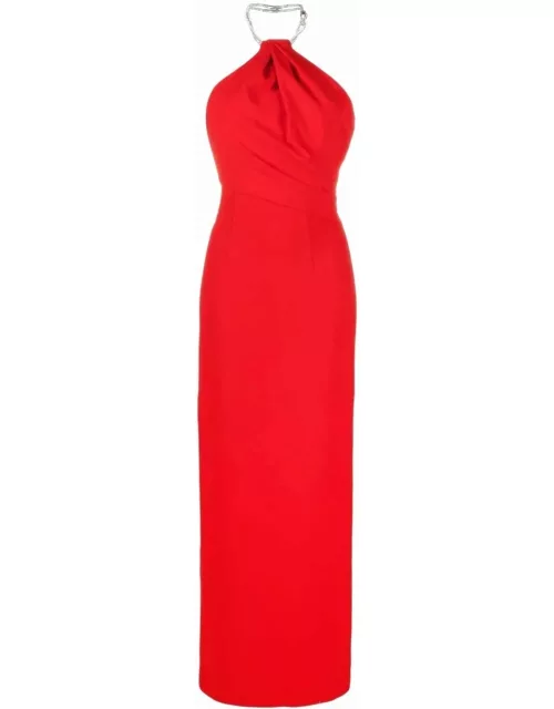 Long red dress with American neckline and jewel detai