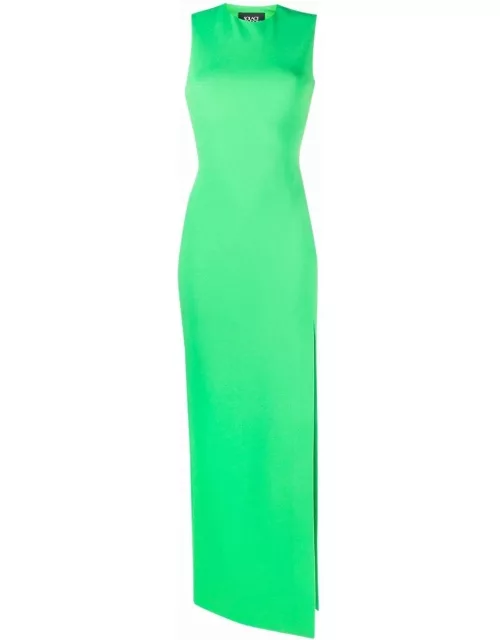 Green long dress with shoulder neckline and side slit