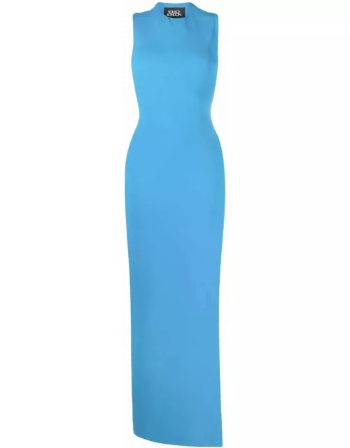 Blue long dress with side slit and asymmetric shoulder cut