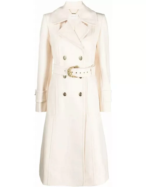 Ivory long double-breasted coat with belt and gold detail