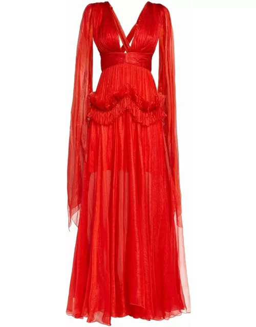 Red Meera evening dress with V-neck and ruffle
