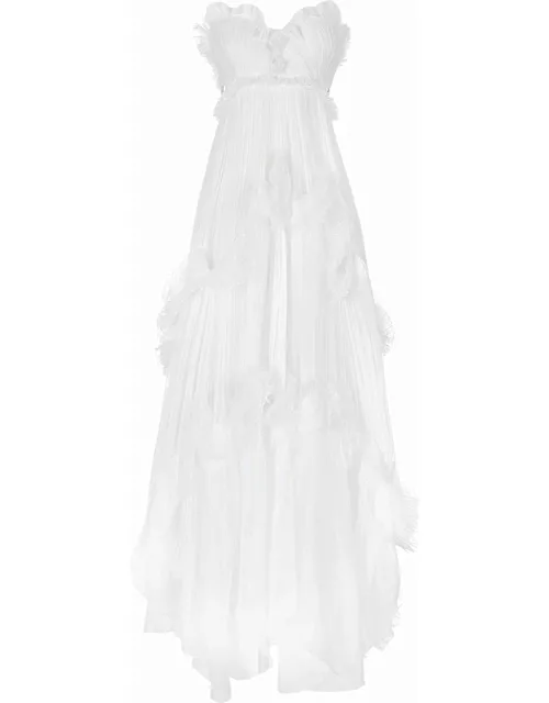White long dress with sweetheart neckline and ruffle