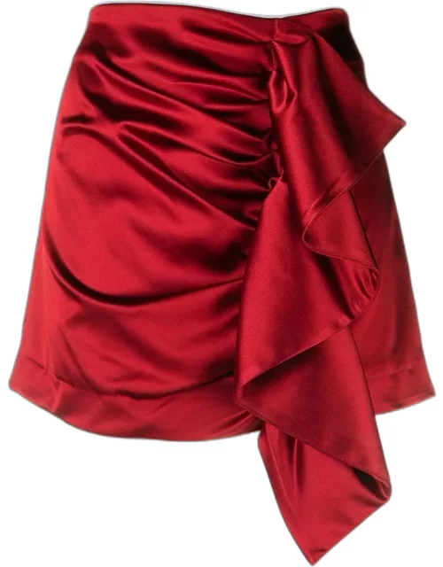Red draped satin mini skirt with ruffle