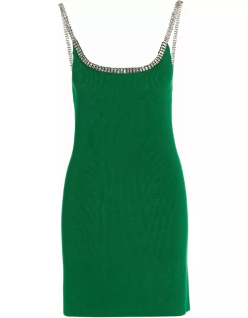 Green ribbed knit short dress with jeweled strap