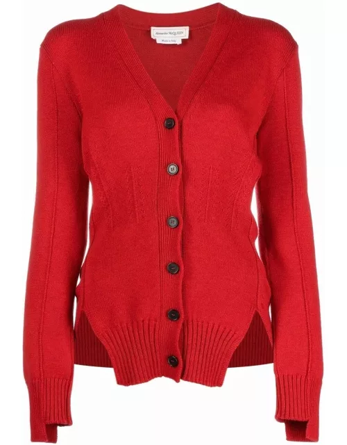 Red knitted cardigan with V-neck and button