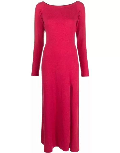Fuchsia long dress in crew-neck knit with slit