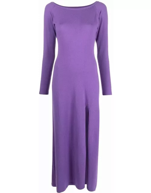 Purple long dress in crew-neck knit with slit