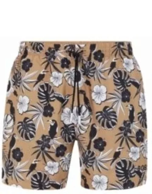 Floral-print swim shorts with logo detail- Beige Men's Swim Short
