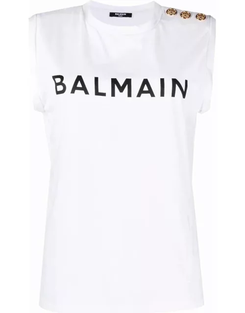 White sleeveless T-shirt with logo print