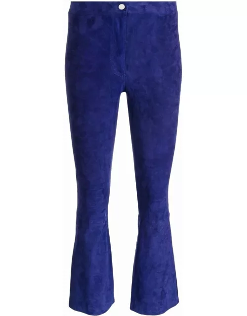 Blue high-waisted crop pants in suede