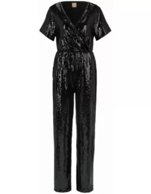 Stretch-jersey sequin jumpsuit with fixed wrap front- Black Women's Jersey Dresse