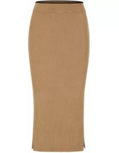 Knitted pencil skirt with ribbed structure- Beige Women's Casual Skirt