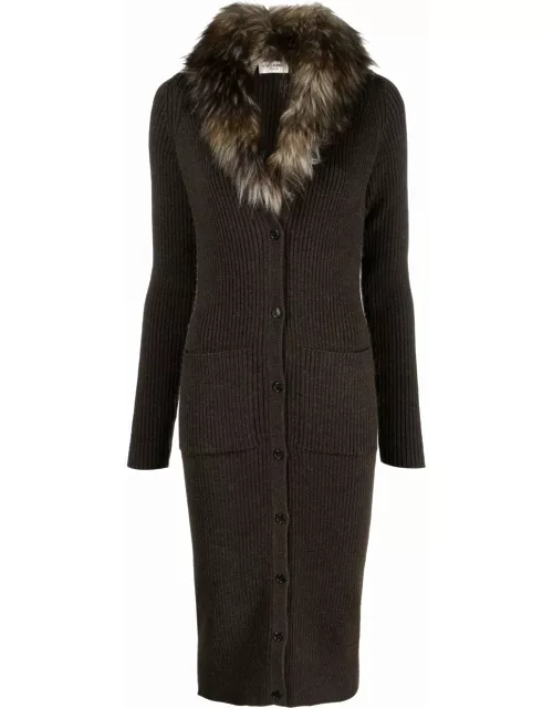 Brown cardigan-style dress with faux fur detailing