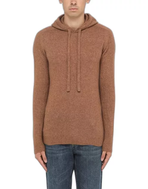 Hazelnut-coloured cashmere knit hoodie