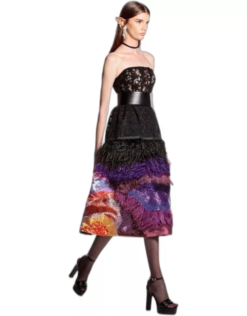 Hussein Bazaza Lace and Feathers Midi Dres