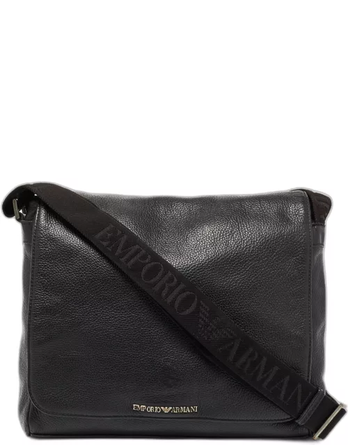 Giorgio Armani Black Leather Logo Flap Messenger Bag