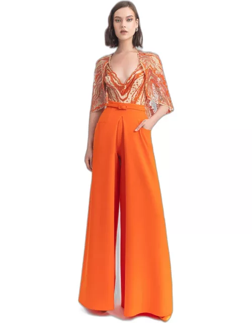 Gemy Maalouf Crepe Pants and Sequin Body with Cape