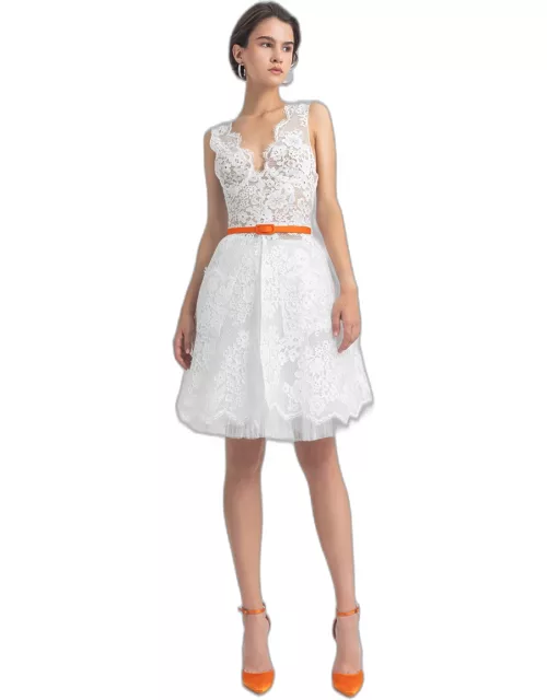 Gemy Maalouf Deep V-Neck Lace Top and Skirt