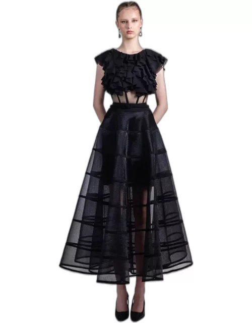 Gemy Maalouf Laser-Cut Chiffon Top with Cage-Like Skirt