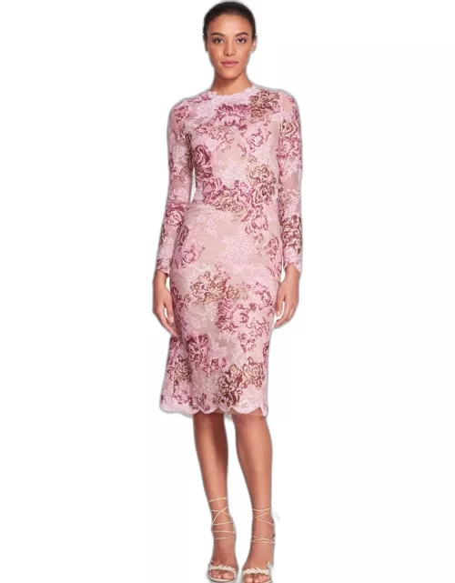 Marchesa Long Sleeve Needlepoint Embroidered Dres