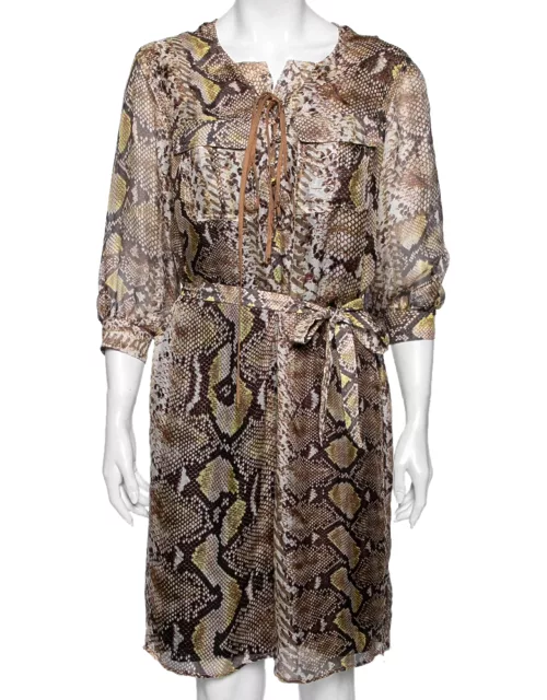 Just Cavalli Brown Animal Print Silk Knit Lace-Up Detail Belted Dress