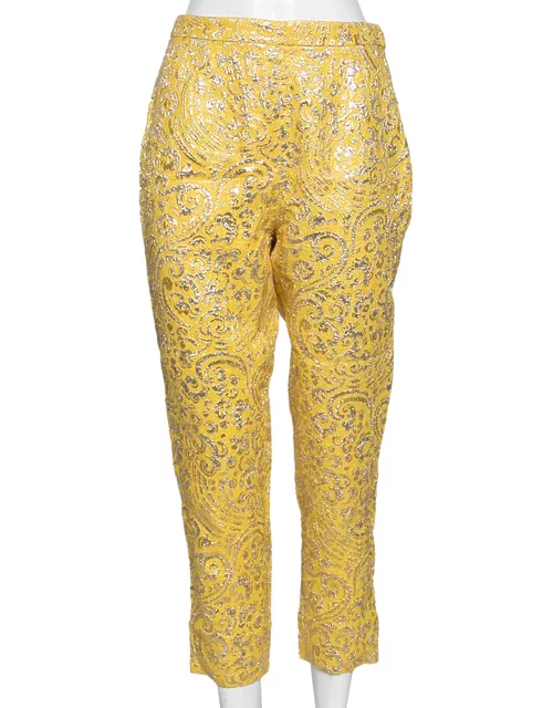 Dolce & Gabbana Yellow Lurex Floral Jacquard Cropped Pants