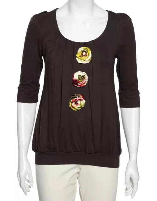 Kenzo Brown Knit Floral Applique Detailed Top