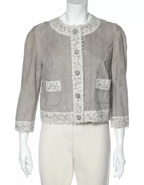 Dolce & Gabbana Beige Suede & Lace Trim Button Front Blouson Jacket