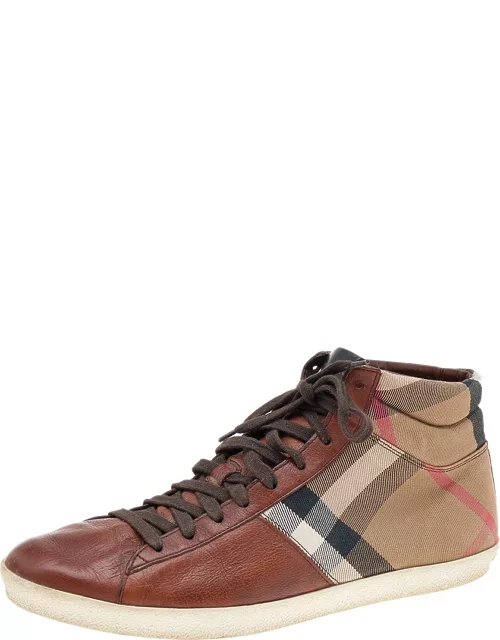 Burberry Brown Leather And Check Canvas High Top Sneaker