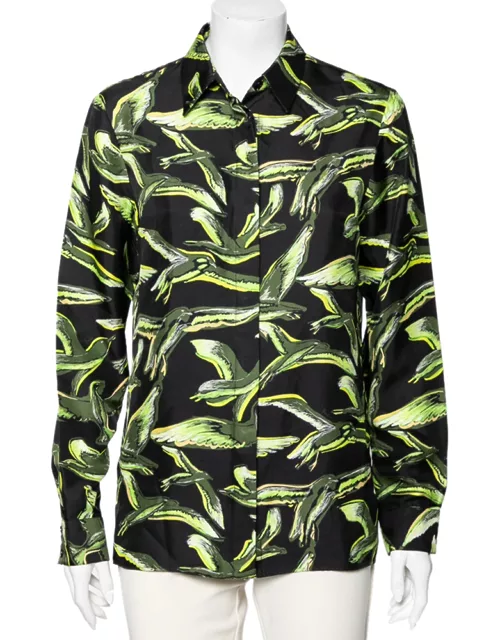Emilio Pucci Black & Green Bird Printed Silk Shirt