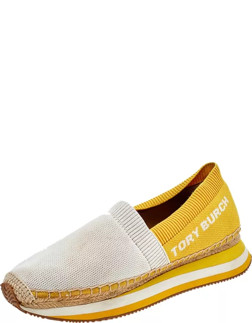 Tory Burch White/Yellow Knit Fabric Daisy Espadrille Slip On Sneaker