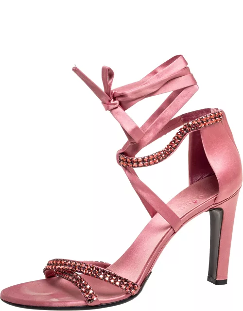 Gucci Pink Satin Crystal Embellished Ankle Wrap Sandal