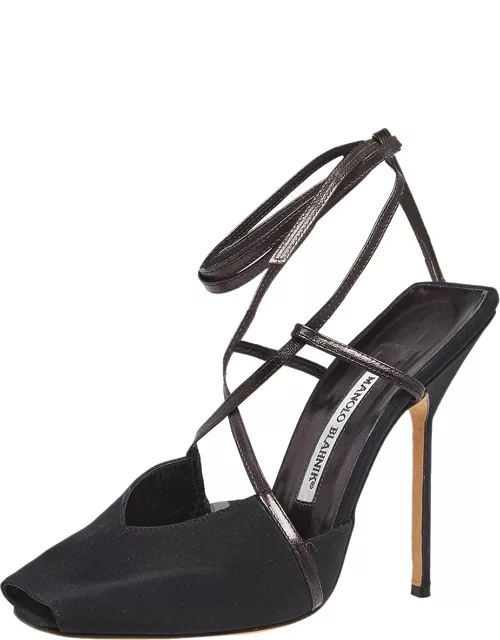 Manolo Blahnik Black/Plum Satin and Leather Square Peep-Toe Ankle-Tie Sandal