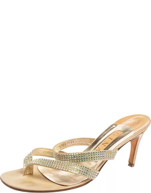 Gina Gold Crystal Embellished Leather Slide Sandal