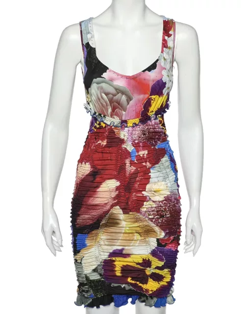 Roberto Cavalli Multicolor Printed Jersey Ruched Cut Out Detail Mini Dress