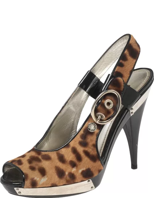 Dolce & Gabbana Black/Brown Leopard Print Pony Hair and Patent Leather Trim Platform Sandal