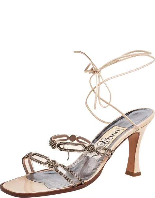 Valentino Beige Leather and Embellished Chain PVC Ankle-Tie Sandal