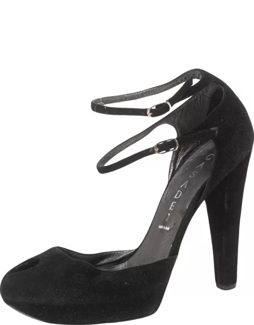 Casadei Black Suede Peep-Toe Ankle Strap Platform Sandal