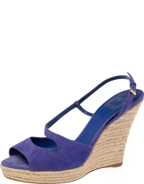 Dior Blue Suede Espadrille Platform Wedge Open Toe Ankle Strap Sandal
