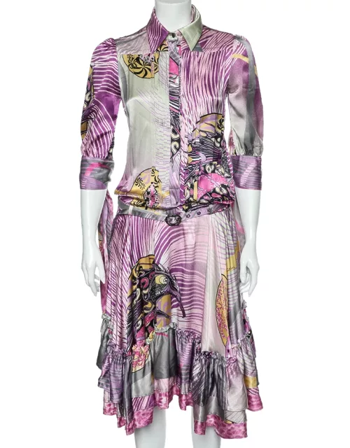 Just Cavalli Multicolor Printed Silk Belted Ruffled Hem Dress