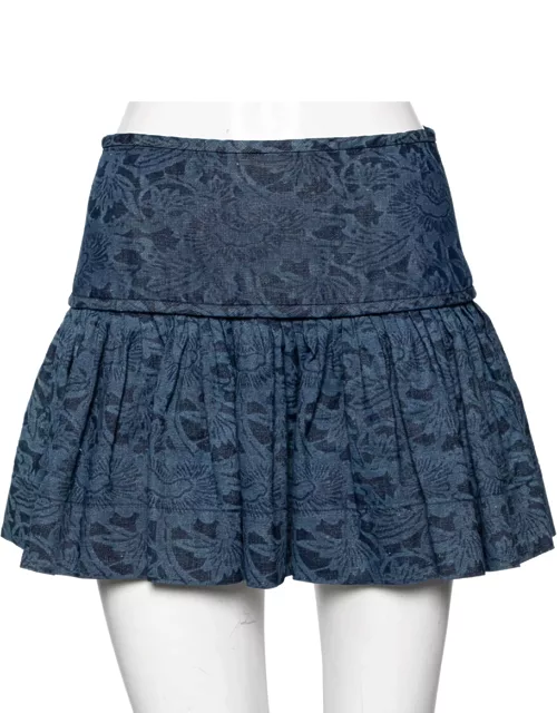 Isabel Marant Etoile Navy Blue Printed Denim Pleated Mini Skirt