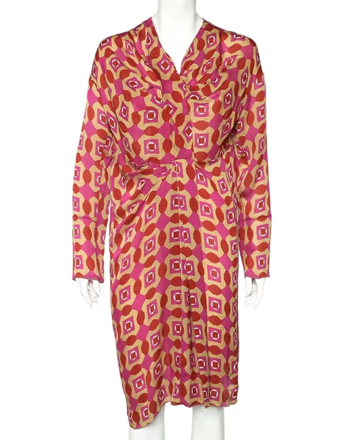 Marni Multicolor Geometric Printed Silk Draped Midi Dress