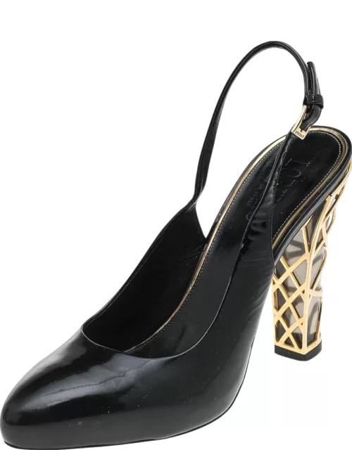 Loriblu Black Patent Leather Block Heel Slingback Sandal