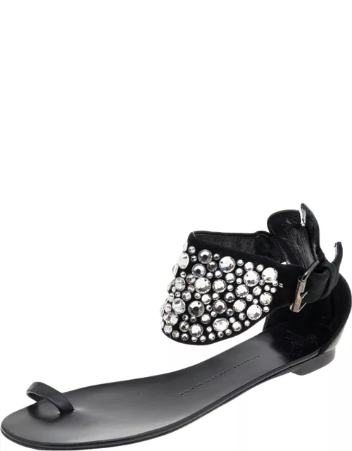 Giuseppe Zanotti Black Satin And Leather Embellished Ankle Wrap Flat Sandal