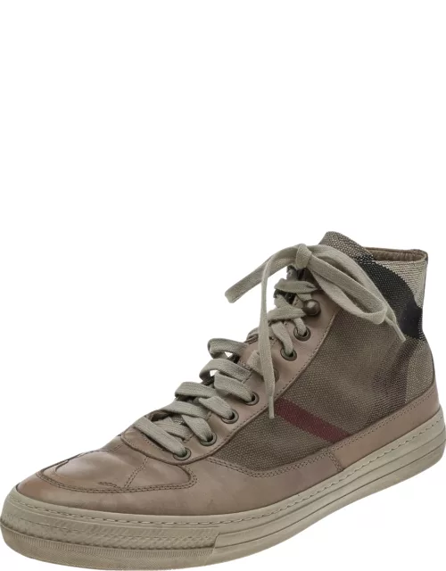 Burberry Beige Leather And Check Canvas High Top Sneaker