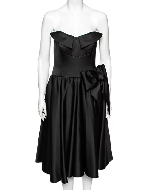 Moschino Couture Black Satin Bow Detail Strapless Pleated Dress