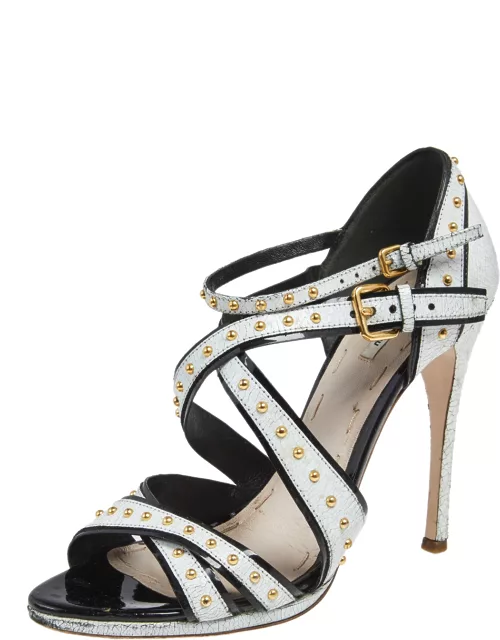 Miu Miu White Studded Crackled Leather Ankle-Strap Sandal
