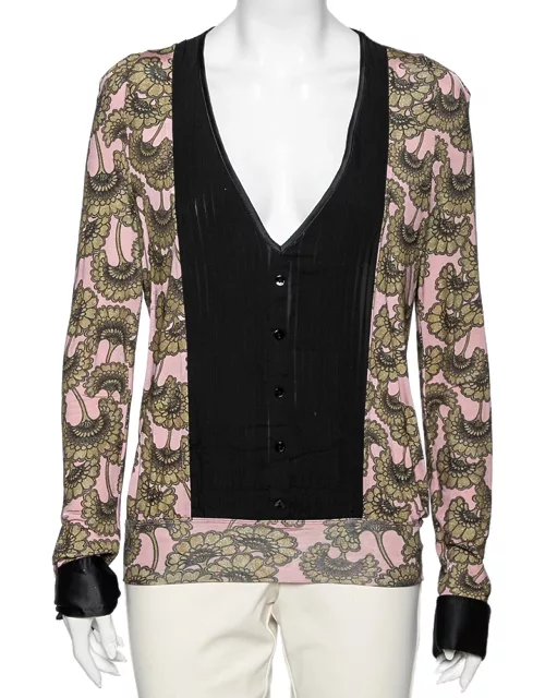 Just Cavalli Pink & Gold Printed Jersey Pintuck Detailed Top